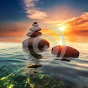 zen stones on a calm sea reflects the warm hues of a mesmerizing sunset, creating a peaceful and harmonious atmosphere