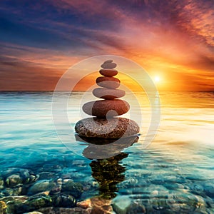 zen stones on a calm sea reflects the warm hues of a mesmerizing sunset, creating a peaceful and harmonious atmosphere
