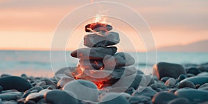 Zen Stones with Flames on the Beach at Sunset. Generative ai