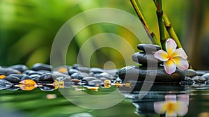 Zen stones form a serene pyramid on water, a symbol of balance and tranquility in nature\'s embrace. Ai Generated