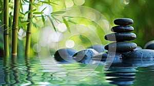 Zen stones form a serene pyramid on water, a symbol of balance and tranquility in nature\'s embrace. Ai Generated