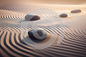 Zen Stones with Linear Patterns on Sand: Concept of Spa Therapy, Purity, Harmony, and Balance. Generative Ai