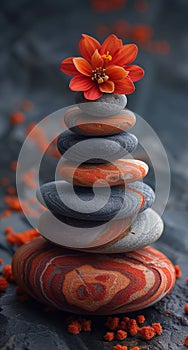 Zen stones and orange flower on dark background