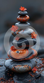 Zen stones and orange flowers on black background