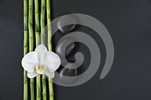 Zen stones, orchid flower and bamboo