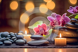 Zen stones, orchid flowers and aromatic candles spa arrangement on wooden table