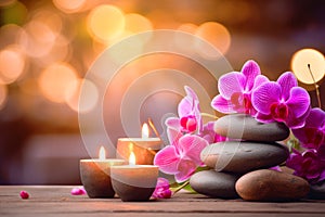 Zen stones, orchid flowers and aromatic candles spa arrangement on wooden table