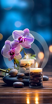 Zen stones, orchid flowers and aromatic candles spa arrangement on wooden table