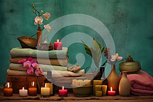 Zen stones, orchid flowers and aromatic candles spa arrangement on wooden table