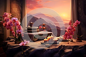 Zen stones, orchid flowers and aromatic candles spa arrangement on wooden table