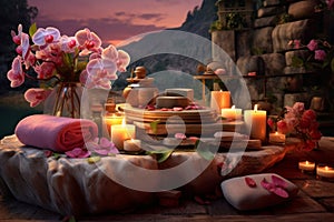 Zen stones, orchid flowers and aromatic candles spa arrangement on wooden table