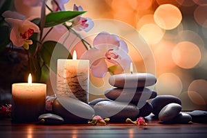 Zen stones, orchid flowers and aromatic candles spa arrangement on wooden table