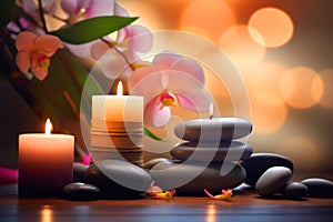 Zen stones, orchid flowers and aromatic candles spa arrangement on wooden table