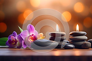 Zen stones, orchid flowers and aromatic candles spa arrangement on wooden table