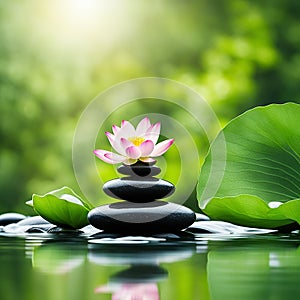 Zen stones,orchid,Lotus flower on nature background with reflection. Spa treatment, massage aromatherapy concept