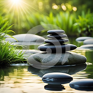 Zen stones,orchid,Lotus flower on nature background with reflection. Spa treatment, massage aromatherapy concept