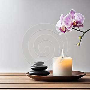 Zen stones,orchid,Lotus flower on nature background with reflection. Spa treatment, massage aromatherapy concept