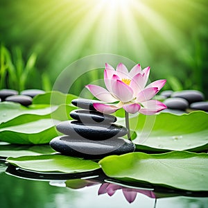 Zen stones,orchid,Lotus flower on nature background with reflection. Spa treatment, massage aromatherapy concept