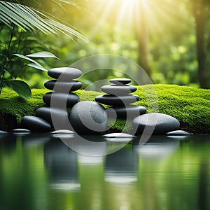 Zen stones,orchid,Lotus flower on nature background with reflection. Spa treatment, massage aromatherapy concept