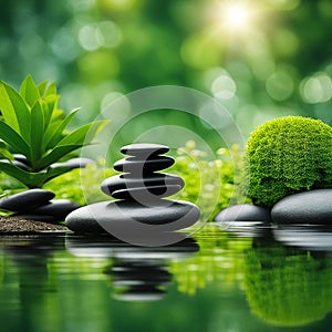 Zen stones,orchid,Lotus flower on nature background with reflection. Spa treatment, massage aromatherapy concept