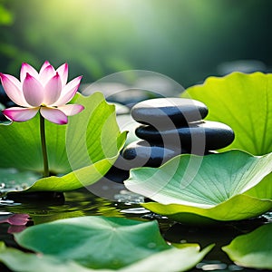 Zen stones,orchid,Lotus flower on nature background with reflection. Spa treatment, massage aromatherapy concept