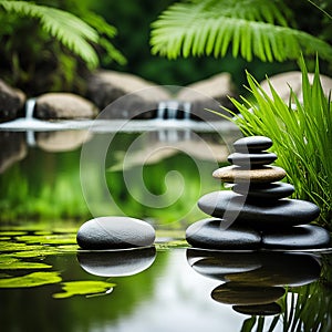 Zen stones,orchid,Lotus flower on nature background with reflection. Spa treatment, massage aromatherapy concept