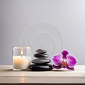 Zen stones,orchid,Lotus flower on nature background with reflection. Spa treatment, massage aromatherapy concept