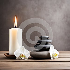 Zen stones,orchid,Lotus flower on nature background with reflection. Spa treatment, massage aromatherapy concept