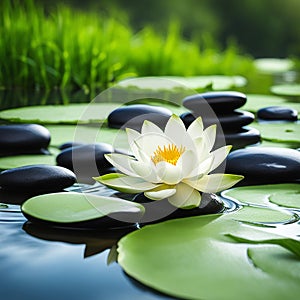 Zen stones,orchid,Lotus flower on nature background with reflection. Spa treatment, massage aromatherapy concept