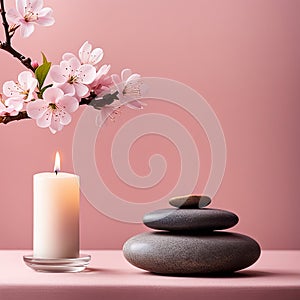 Zen stones,orchid,Lotus flower on nature background with reflection. Spa treatment, massage aromatherapy concept