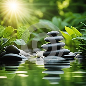 Zen stones,orchid,Lotus flower on nature background with reflection. Spa treatment, massage aromatherapy concept