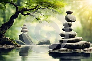 Zen stones on peaceful lake wellness and spa concept banner.