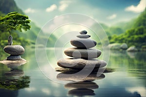 Zen stones on peaceful lake wellness and spa concept banner.