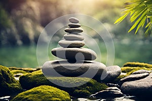 Zen stones on peaceful lake wellness and spa concept banner.