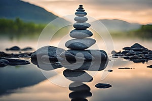 Zen stones on peaceful lake wellness and spa concept banner.