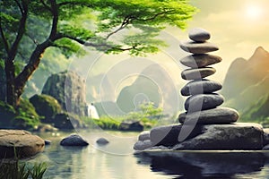 Zen stones on peaceful lake wellness and spa concept banner.