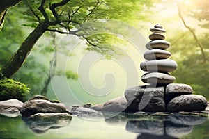 Zen stones on peaceful lake wellness and spa concept banner.