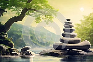 Zen stones on peaceful lake wellness and spa concept banner.