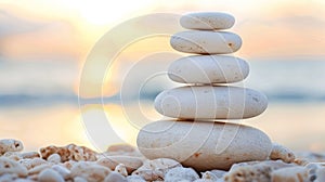 Zen stones peacefully reflect the warm glow of the sunset in serene and calm waters