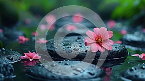 Zen Stones with Pink Flowers in Tranquil Water