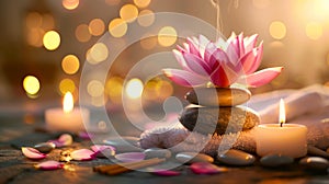 Zen stones with a pink lotus and lit candles in a meditative setting. Concept of spa, tranquility, and spiritual healing
