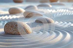 Zen stones on raked sand with ripple pattern