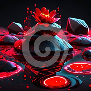 Zen stones with red lotus flower in water. 3d rendering AI generated