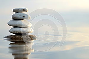 Zen stones with reflection on water at sunset