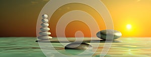 Zen stones row from large to small  in water with blue sky. 3d illustration