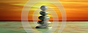 Zen stones row from large to small  in water with blue sky. 3d illustration