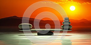 Zen stones scales on sunset background. 3d illustration