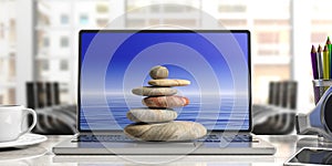 Zen stones stack on a computer, office background. 3d illustration