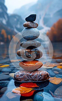 Zen stones stack in the lake with reflection in autumn day