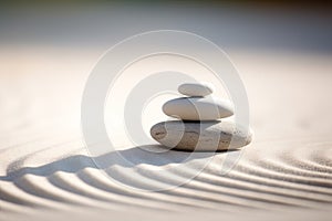 Zen stones stack on raked sand in a minimalist setting for balance and harmony